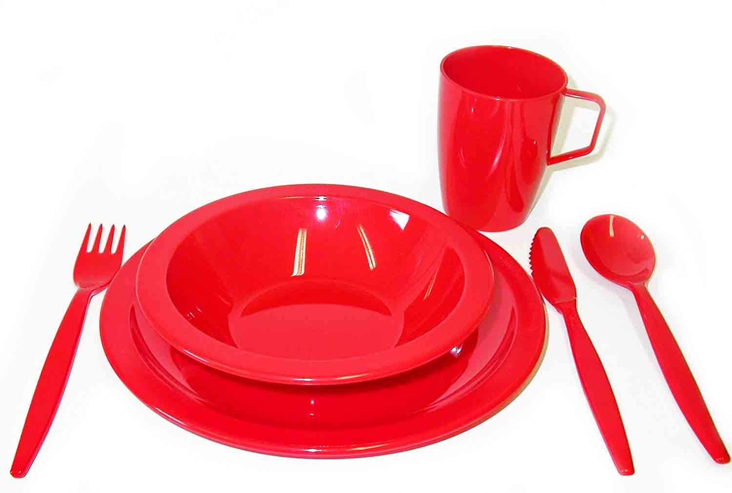 Red Camping Dining Set - Plate, Bowl, Beaker and Cutlery - Reusable Virtually Unbreakable Tableware
