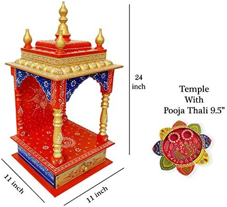 The DNA Group Wooden Temple Pooja Mandir Multi Color Hand Painted Pooja Mandap Wall Hanging Rajasthani Temple Home & Office (Size -11x11x24 inch)