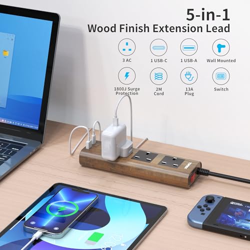 TOPREK Wood Grain 3 Way Extension Lead with USB Slots, Surge Protection, ON/OFF Switch, 13A/3250W, Extension Cable 2M for Home Kitchen Office
