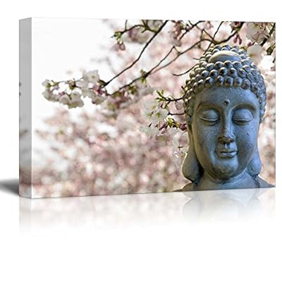 Buddha Statue on a Cherry Blossom Garden - Canvas Art Home Art - 16x24 inches