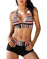 Century Star Push up Athletic Two Piece Bikini Set Deep V Neck Vintage Halter Back with Boyshort Swimsuit Bathsuit for Women Pink Black Stripe S (US 2-4)