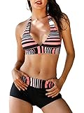 Zando Halter Bikini Set with Boyshort Push Up 2 Piece Swimsuit Bating Suit for Women Pink Black Stripe M (US Size= 4-6)