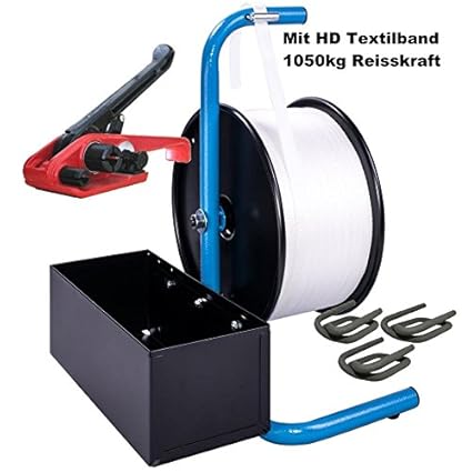 19mm HD Textilband Umreifungs Set * Umreifungsset T Umreifungsgerät Textilbandumreifung mit Drahtklammern, Abroller mit Seite