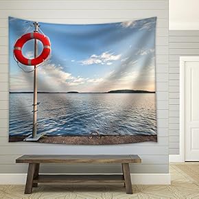 Safety Equipment Bright Red Safe Lifebuoy on The Pier - Fabric Wall Tapestry Home Decor - 51x60 inches