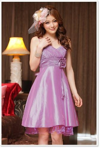 Amazon Co Jp 腰コサージュ付肩見せサテンワンピース紫 服 ファッション小物