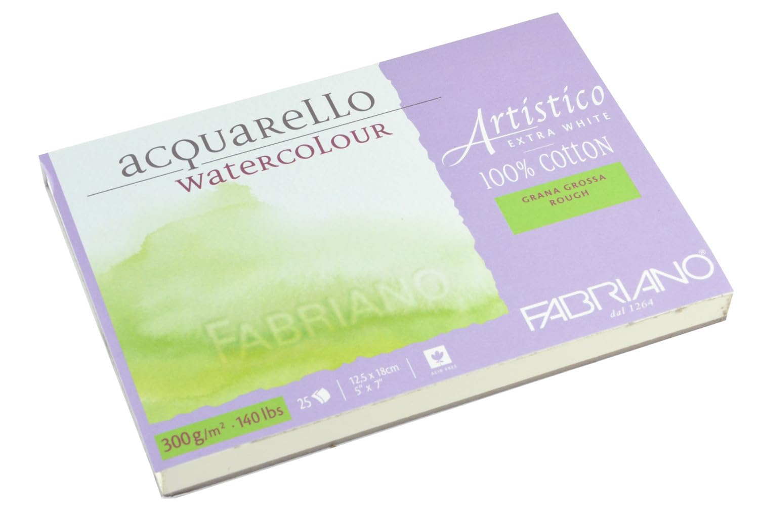 Fabriano Artistico Acquarello Watercolour, Extra White, Coarse Grain, 12.5 x 18 cm, 25 Sheets 300 g/m², High-Quality Artist Watercolour Cardboard, Glued on 4 Sides, Vegan