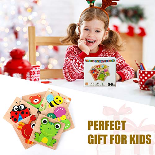AKAMINO Wooden Animal Jigsaw Puzzles for Toddlers Kids 1 2 3 Years Old, Boys & Girls Educational Toys Gift with 6 Animals Patterns, Vibrant Color Shapes