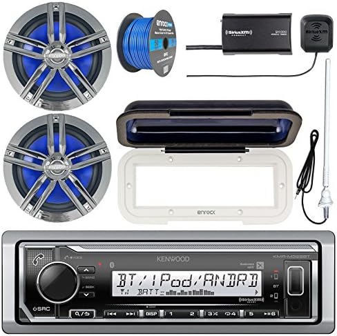 Kenwood Single DIN USB Marine AM/FM Bluetooth CD Digital Media Receiver, Radio Cover, 2X 6.5 180 Watt Max Power 2-Way Boat Speakers (Charcoal), Satellite Radio Tuner Kit, White Radio Antenna, Wire