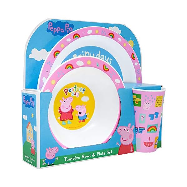 Peppa Pig Perfect Day Kids Tableware 3 Piece Reusable PP Plate, Bowl & Cup Children – Peppa, George Tumbler & Dinnerware…