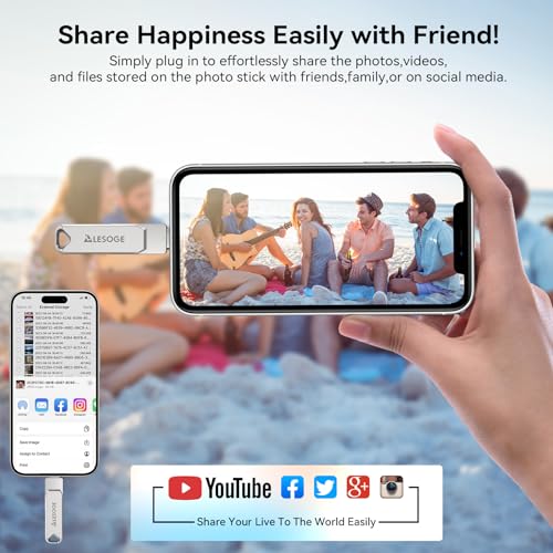 LESOGE MFi Certified 256GB USB C & Lightning Memory Stick - Dual Interface Flash Drive with USB C Adapter, iPhone External Storage, USB 3.0 High-Speed for Photos/Videos (iOS/Android/PC/Mac)