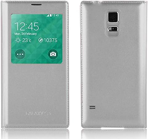 JAMMYLIZARD Samsung Galaxy S5 Case, Silver Leather Smart View Flip Cover, Screen Protector Included