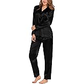 SWOMOG Womens Silk Satin Pajamas Set Long Sleeve Button Down Sleepwear 2 Piece Lounge Set Pj Set XS-3XL