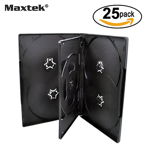 25 Pack Maxtek Standard 14mm Black Six (6) Disc DVD Cases with Double Sided Flip Tray and Outter Clear Sleeve