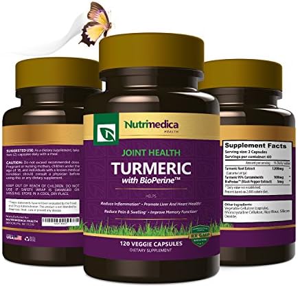 Turmeric Dietary Supplements with Curcumin and BioPerine Black Pepper Extract, Vegan-friendly Vegetable Capsules, 120 Count - by Nutrimedica