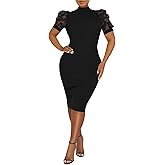 Annystore Women's Mesh See Through Sheer Dress Short Puff Sleeve Bodycon Dress Mock Neck Sexy Club Party Midi Dress Clubwear