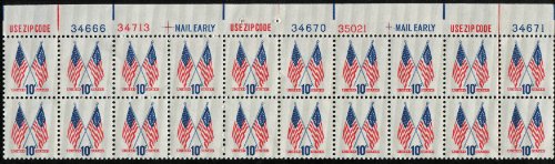 1973 CROSSED FLAGS ~ THE 50-STAR & 13-STAR FLAGS #1509 Plate Block of 20 x 10 cents US Postage Stamps
