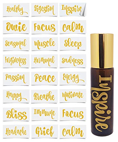 Vinyl Essential Oil Labels Fits 10ml Roller Bottles, 24 Oil Bottle Labels, The Perfect Essential Oil Accessories and Stickers that are Oil Proof and Waterproof (Gold)