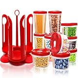 Fun Life 25-Piece Food Storage Container Set with Rotating Rack, Durable Plastic Canister Jar with Red Lids, Perfect for Flour, Sugar, Cereals, BPA Free, Leakproof, Microwave/Freezer/Dishwasher Safe