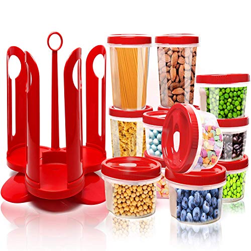 Fun Life 25-Piece Food Storage Container Set with Rotating Rack, Durable Plastic Canister Jar with Red Lids, Perfect for Flour, Sugar, Cereals, BPA Free, Leakproof, Microwave/Freezer/Dishwasher Safe