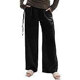 Amazhiyu Women's 100% Linen Pants Summer Casual Wide-Leg Lounge Palazzo Pockets