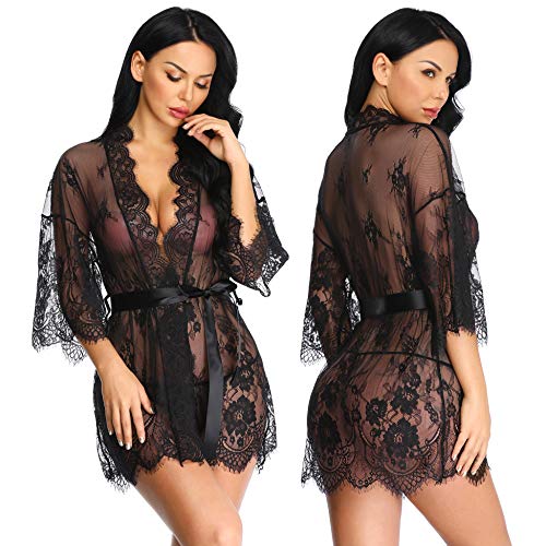LALAVAVA Women Sexy Robe Lingerie Set Lace Flower Kimono Babydoll Short Nightgown (Black, M)