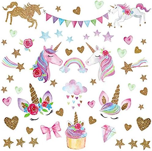 Unicorn Wall Decal,2 Sheets 66pcs Unicorn Wall Decor Stickers Gifts for Girls Bedroom Home Decor Baby Nursery Multi-Color