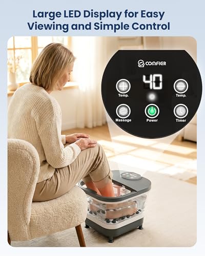 COMFIER Electric Foot Spa Massager with Heat & Automatic Rolling Massage, Adjustable Temperature, 180° Surround Water Spray, Large LED Display, Detachable Massage Plates, Gift for Family and Friends