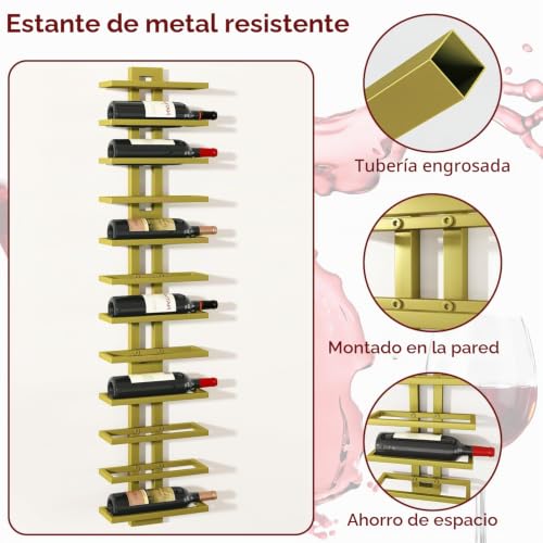 IBUYKE Wall Wine Rack 12 Bottles, Vertical Metal Wine Rack, Golden TMJ909G | Wine Bottle Holder Spirits Champagne Wine Rack Mounted DIY for Kitchen Dining Bar