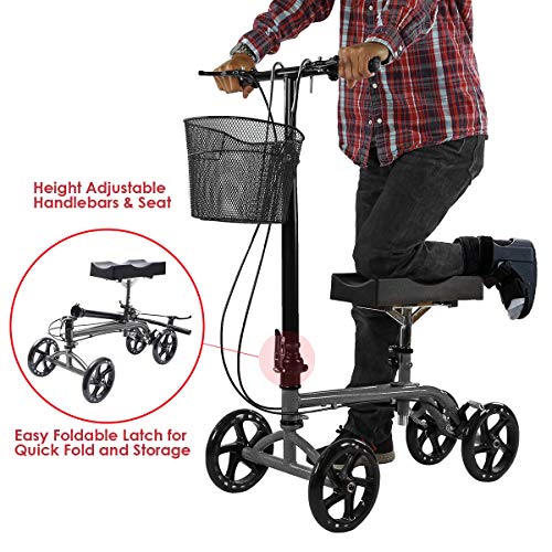 Clevr Foldable Knee Walker Scooter for Foot Injuries or Surgery, Adjustable with Dual Brake System & Basket, Medical Steerable Crutch Alternative, Silver - Thumbnail 2