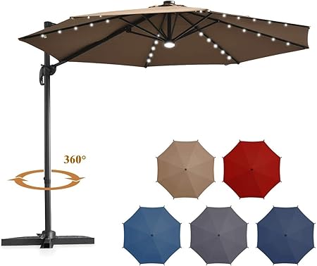 Zxl Patio Umbrella Utdoor Umbrella 10 Ft Solar Led Patio Cantilever Offset Umbrella With 360 Degree Rotation Outdoor Market Umbrella With Cross Base And Cover Tan Amazon Co Uk Kitchen Home