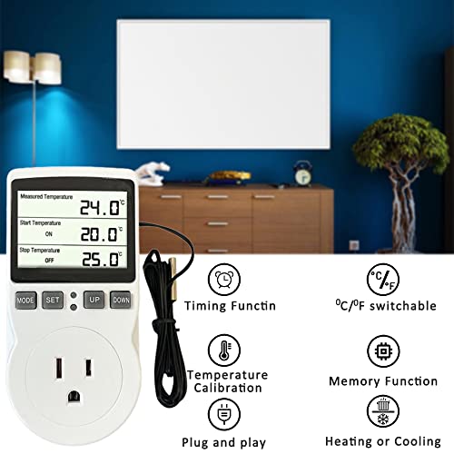 TS-3000 Programmable Thermostat Outlet – 120V US Plug Temperature Controller For Heating & Cooling, For Greenhouses, Reptile Tanks, Wine Cellars