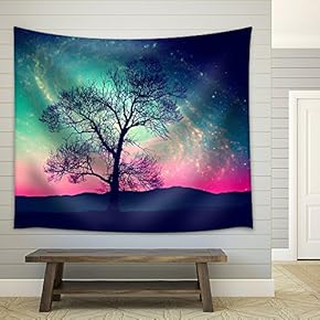 Red Alien Landscape with Alone Tree Over The Night Sky with Many Stars - Fabric Wall Tapestry Home Decor - 51x60 inches