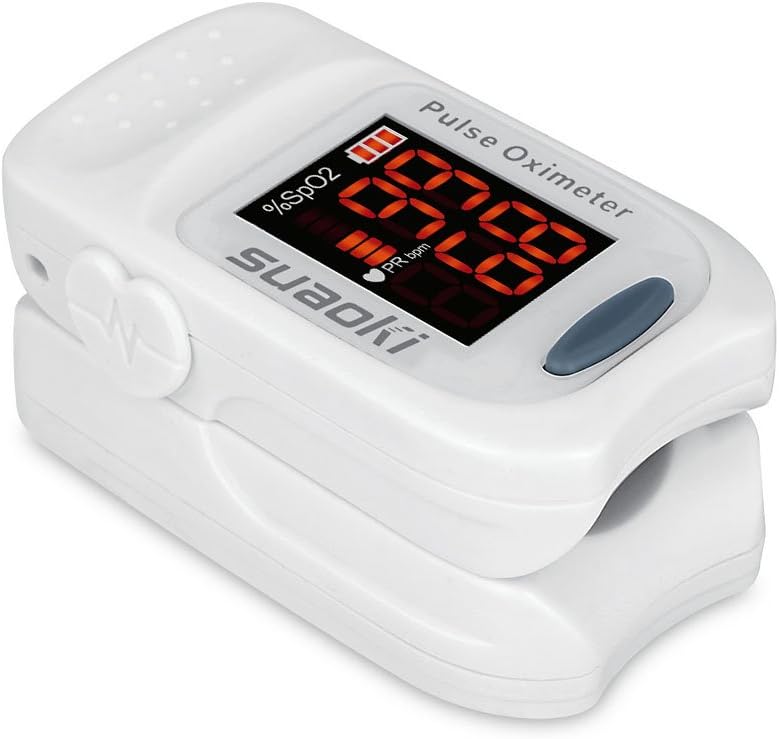 Suaoki - Pulsioxímetro de Dedo Oxímetro Pulsómetro Digital (Pantalla LED, Medidor de Sangre Oxígeno, Frecuencia Cardíaca, Para Adultos y Niños, con Caso Protector) Blanco