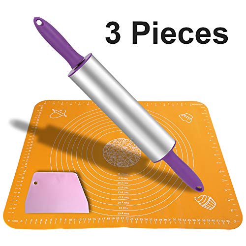 Rolling Pin, Stainless Steel Dough Roller, Pastry Mat, Dough Cutter Set for Baking, Cooking Cookie, Pie, Pasta, Pizza (3 Pieces)