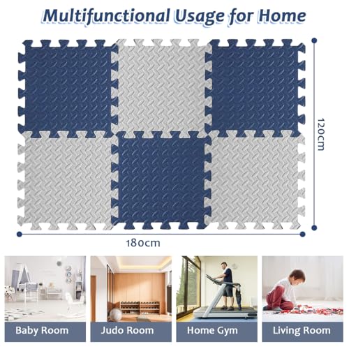 Cestbella Interlocking EVA Foam Mat, 60x60cm Protective Floor Tile 6 Packs Soft Puzzle Exercise Pad with Border Jigsaw EVA Foam Padding, 1cm Baby Play Crawling Mat for Home Gym Yoga Workout Grey Blue