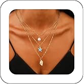 Andelaisi Boho Layered Pearl Choker Necklace Vintage Blue Starfish Necklace Gold Shell Pendant Necklace Multilayered Cowrie Shell Chain Necklace Jewelry for Women