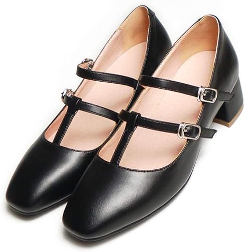 Amazon ストラップ パンプス 本革 レザー 痛くない 4cmヒール スクエアトゥ 太めヒール 純色 浅い口 美脚 レディースシューズ 滑り止め オシャレ ミドルヒール 安定感 軽量 脱げない 女性用 靴 通勤 面接 結婚式 通学 ノーブランド品 パンプス