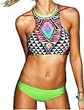 Vintagerose Women Halter Top Tropical Geometric Pattern Swimwear Bikini Set