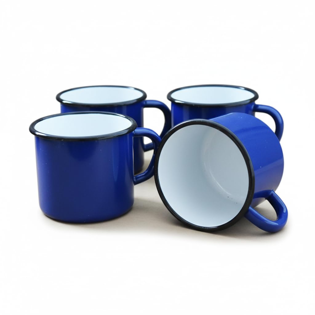 4 x Blue Enamel Metal Mugs - 250ml