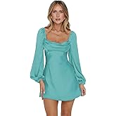 zoteno Satin Cowl Neck Homecoming Dresses for Teens 2026 Long Sleeve Short Pleated A-line Prom Cocktail Gowns