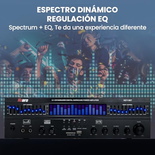 HZERO Amplificador de Audio para Casa de 5.1 Canales para Altavoces de 8-16 Pulgadas, Amplificador de Altavoces con Ajuste del Ecualizador, con Ventilador Inteligente Entrada Coaxial óPtica