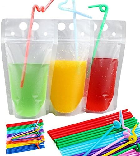 50 PCS（25 Size L&amp;25 S）Clear Zipper Stand-up Plastic Pouches Bags wtih 50 Straws, Heavy Duty Hand-Held Drink Pouches Bags for all people