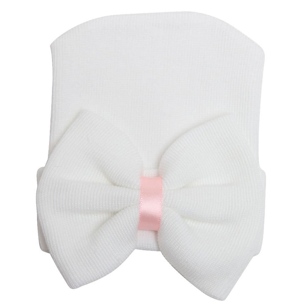 SunTrader Newborn Baby Girls Infant Toddler Hospital Beanie Bow-Knots Hat Knit Cap (White)