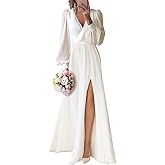 HGXUE Long Sleeve Wedding Dress for Bride Chiffon Beach Boho Simple Bridal Gowns 2026 Casual Prom Dress with Slit
