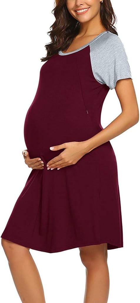 POPNINGKS Women's Maternity Dress Nursing Nightgown for Breastfeeding Nightshirt Sleepwear Mama Baby Shower Long Dresses S-XL