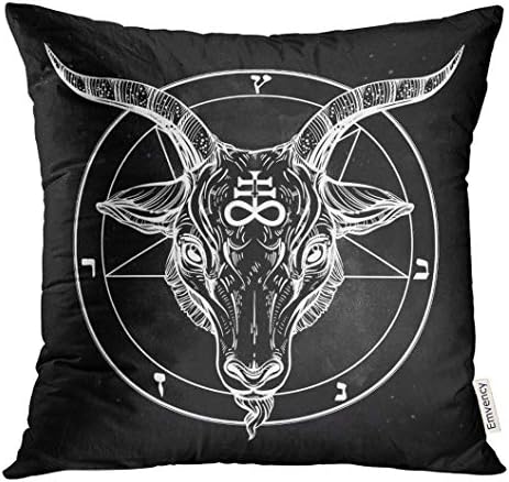 Throw Pillow Cover Pentagram with Demon Baphomet Satanic Goat Head Binary Symbol Tattoo Retro Music Summer for Biker Black Decorative Pillow Case Home Decor Square 18x18 Inches Pillowcase