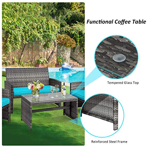 DORTALA 4 Piece Patio Furniture Set, Outdoor Wicker Conversation Set with Soft Cushions & Tempered Glass Coffee Table, Rattan Patio Sofa Bistro Sets for Courtyard Balcony, Turquoise