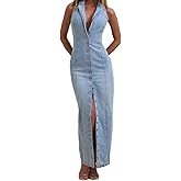 NRTHYE Womens Summer Elegant Sleeveless Maxi Denim Dress V Neck Button Down Bodycon Sexy Long Jean Dresses with Split