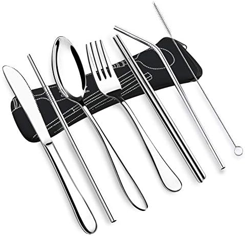 VICBAY 4 Pieces Stainless Steel Flatware Set, Knife Fork Spoon Chopsticks Set, Travel Camping Cutlery Set Neoprene Case, Reusable Lunch Box Utensils, Portable Travel Silverware Set