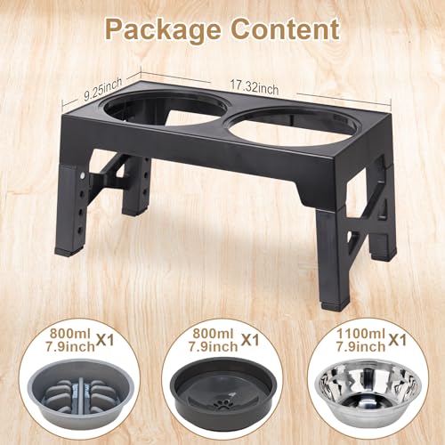 Polegas 3-in-1 Upgraded Raised Dog Bowl with Stand Elevated Dog Bowl with Slow Feeder,Non-Spill Slow Water and Stainless Steel Bowls 5 Height Adjustable dog food stand for Small Medium Large Sized Dog